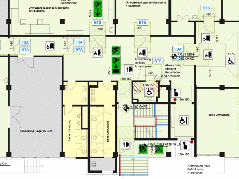 Bauzeichnung Konzept Barrierfrei mit Einzeichnung der Abweichungen