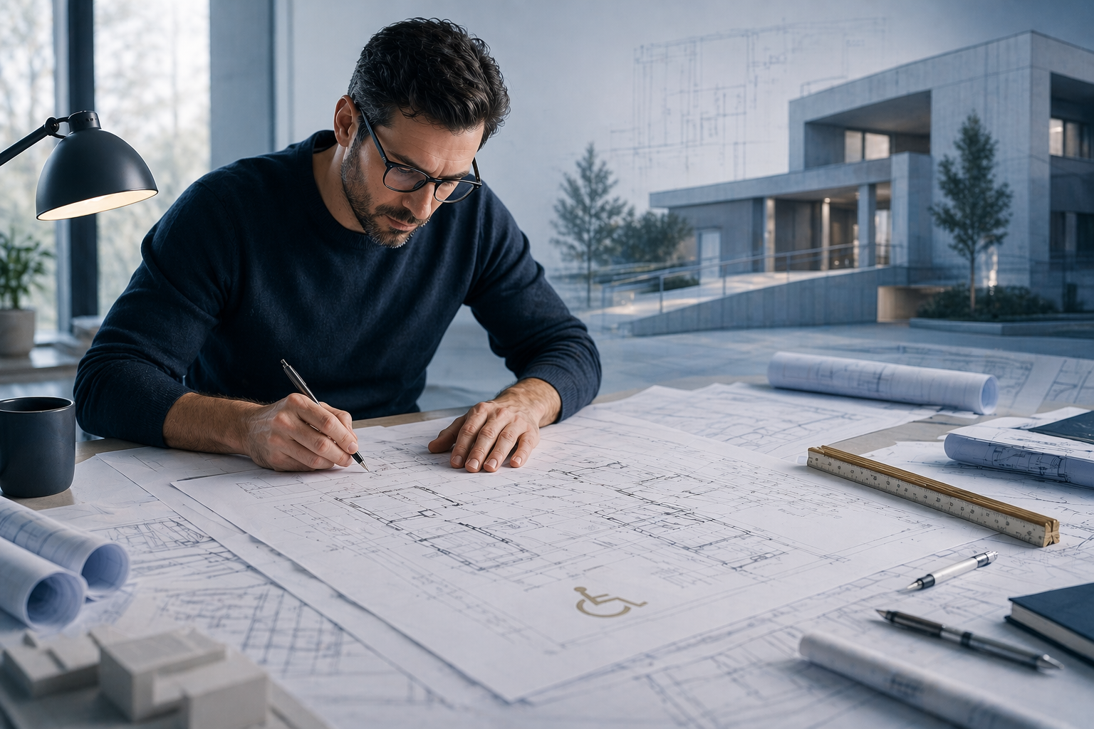 Schulung barrierefreies Bauen &ndash; Architekt bei der Fortbildung zu DIN 18040 und Barrierefreiheitsanforderungen
