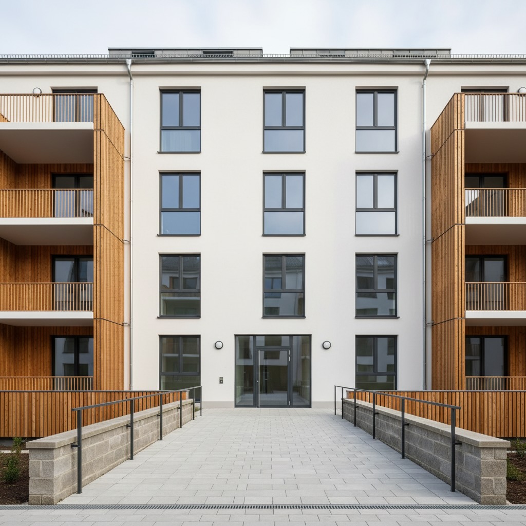 Modernes Mehrfamilienhaus mit reduzierter Architektur und barrierefreier Erschlie&szlig;ung